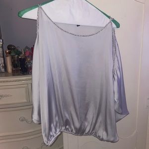 Bebe silver sparkly boat neck silky shirt